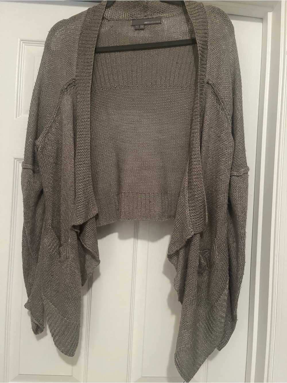 360 Sweater Taupe Open-Front Draped Knit Cardigan